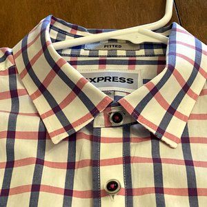 Express Men's Pink and Blue Plaid Button Down Cotton Shirt Size Large Fitted